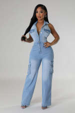 SC Sleeveless Halter Backless Denim Straight Jumpsuit LX-6981