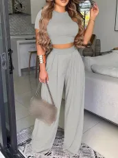 SC Solid Color Loose Short Sleeve Two Piece Pants Set SH-390997