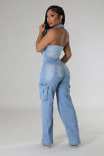 SC Sleeveless Halter Backless Denim Straight Jumpsuit LX-6981