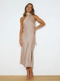SC High Split Backless Neck Scarf Neck Midi Dress OD-8691