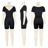 SC Solid Color Pleated V-Neck Two-Piece Set ASL-6721