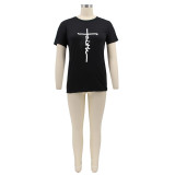 SC Letter Print Casual Short Sleeve T Shirt HNIF-MM059F