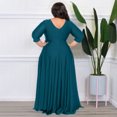 SC Plus Size Solid Color V-Neck Sexy Long Dress HNIF-T025