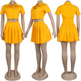 SC Short Sleeve Solid Pleated Skirt Two Piece Set BMF-010
