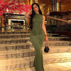 SC Solid Color Pleated Sleeveless Maxi Dress GZJQ-K24D43233