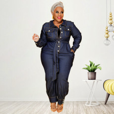 SC Plus Size V-Neck Casual Denim Jumpsuit GDAM-21863