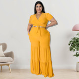 SC Plus Size Solid Tie Up Short Sleeve Two Piece Pant Set GDAM-218191