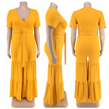 SC Plus Size Solid Tie Up Short Sleeve Two Piece Pant Set GDAM-218191