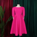 SC Solid Color 3/4 Sleeve Big Swing Midi Dress GATE-413