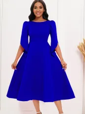 SC Solid Color 3/4 Sleeve Big Swing Midi Dress GATE-413