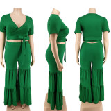 SC Plus Size Solid Tie Up Short Sleeve Two Piece Pant Set GDAM-218191