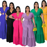 SC Plus Size Solid Tie Up Short Sleeve Two Piece Pant Set GDAM-218191
