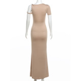 SC Solid Color Slash Neck Slim Maxi Dress DLSF-24D43826