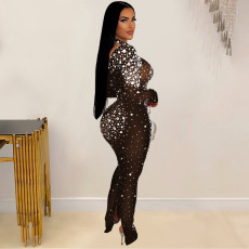 SC Solid Color Hot Drill Long Sleeve Maxi Dress GFYX-6890
