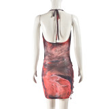 SC Mesh Print Irregular Sling Mini Dress GFRT-31729SHY