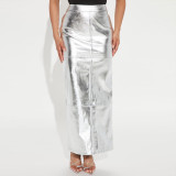 SC Patchwork Split PU Leather Half Body Skirt GFRT-7662SG
