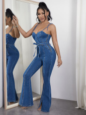 SC Sexy Back Strap Wide Leg Denim Jumpsuit LX-6980