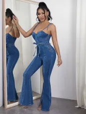 SC Sexy Back Strap Wide Leg Denim Jumpsuit LX-6980