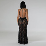 SC Lace Halter Backless Slim Maxi Dress CYA-901214