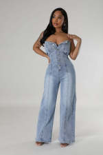 SC Casual Wrap Chest Straight Denim Jumpsuit LX-6978
