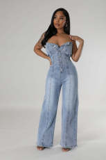 SC Casual Wrap Chest Straight Denim Jumpsuit LX-6978