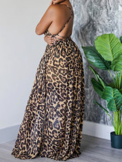 SC Leopard Print Sling V Neck Backless Maxi Dress SFY-453