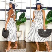 SC Stripe Sleeveless Crisscross Straps Maxi Dress NY-10782