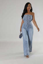SC Casual Wrap Chest Straight Denim Jumpsuit LX-6978