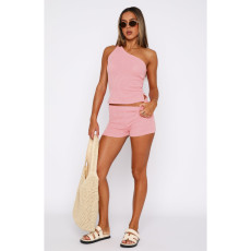 SC Solid Color Slash Neck Two Piece Shorts Set ASL-6731
