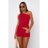 SC Solid Color Slash Neck Two Piece Shorts Set ASL-6731