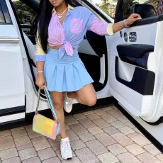 SC Stripe Print 3/4 Sleeve Shirt Two Piece Skirt Set HMS-6438