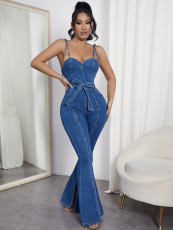 SC Sexy Back Strap Wide Leg Denim Jumpsuit LX-6980