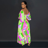 SC Print Backless Press Pleated Maxi Dress BY-6879
