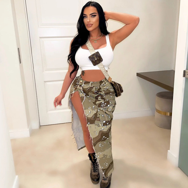 SC Camouflage Print High Split Long Skirt GNZD-8805DD