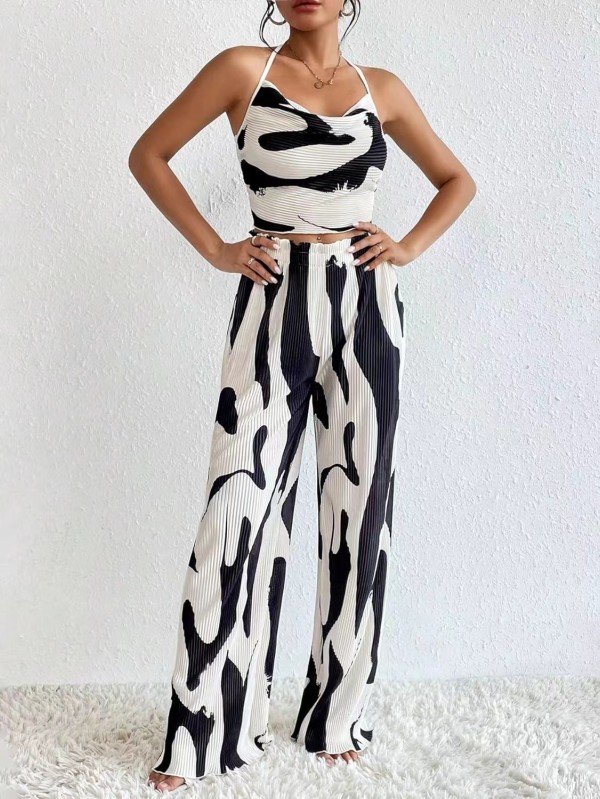 SC Print Halter Vest Wide Leg Pants 2 Piece Set QODY-6036