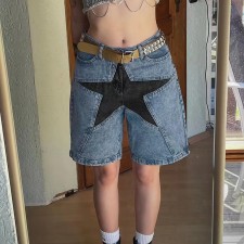 SC Loose Color-blocked Pentagram Splicing Denim Mid Pants GQLF-8090