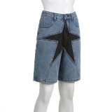 SC Loose Color-blocked Pentagram Splicing Denim Mid Pants GQLF-8090