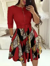 SC Long Sleeve Contrast Color Slim Midi Dress(With Belt) GSRX-9077