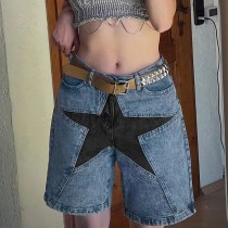 SC Loose Color-blocked Pentagram Splicing Denim Mid Pants GQLF-8090