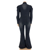 SC Plus Size Slim Single Breasted Denim Jumpsuit OSIF-20917