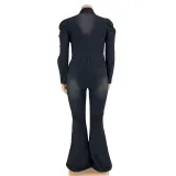 SC Plus Size Slim Single Breasted Denim Jumpsuit OSIF-20917