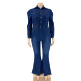SC Plus Size Slim Single Breasted Denim Jumpsuit OSIF-20917