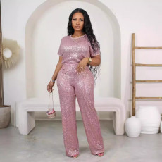 SC Fashion Sequin Short Sleeve Pants 2 Piece Set OD-8614