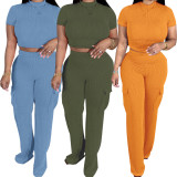 SC Short Sleeve Solid Color 2 Piece Pants Set YH-5316