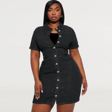 SC Plus Size Lapel Single-breasted Denim Mini Dress GDAM-218501