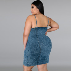 SC Plus Size Sleeveless Sling Demim Mini Dress GDAM-218399