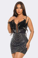 SC Hot Drill Feather Splicing Sling Mini Dress NY-3159