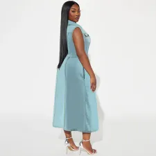 SC Plus Size Sleeveless Lapel Tie Up Denim Maxi Dress GDAM-218502