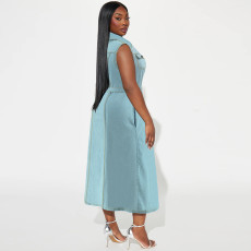 SC Plus Size Sleeveless Lapel Tie Up Denim Maxi Dress GDAM-218502