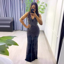 SC Sleeveless V Neck Hot Drill Maxi Dress NY-3185